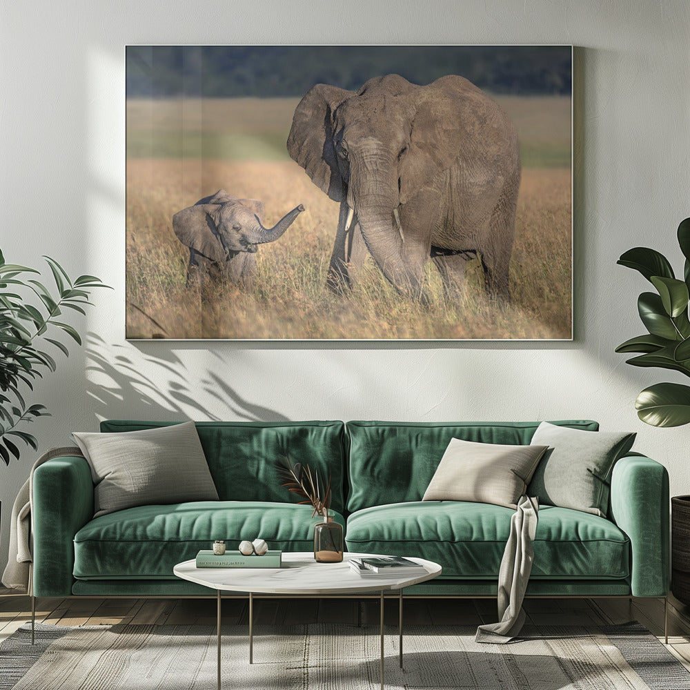 Artwork Mom elephant with calf20X16inches- White Frame