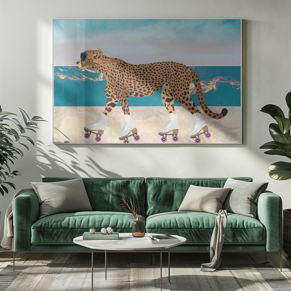 Artwork Cheetah Rollerskating Landscape Beach 0920X16inches- White Frame