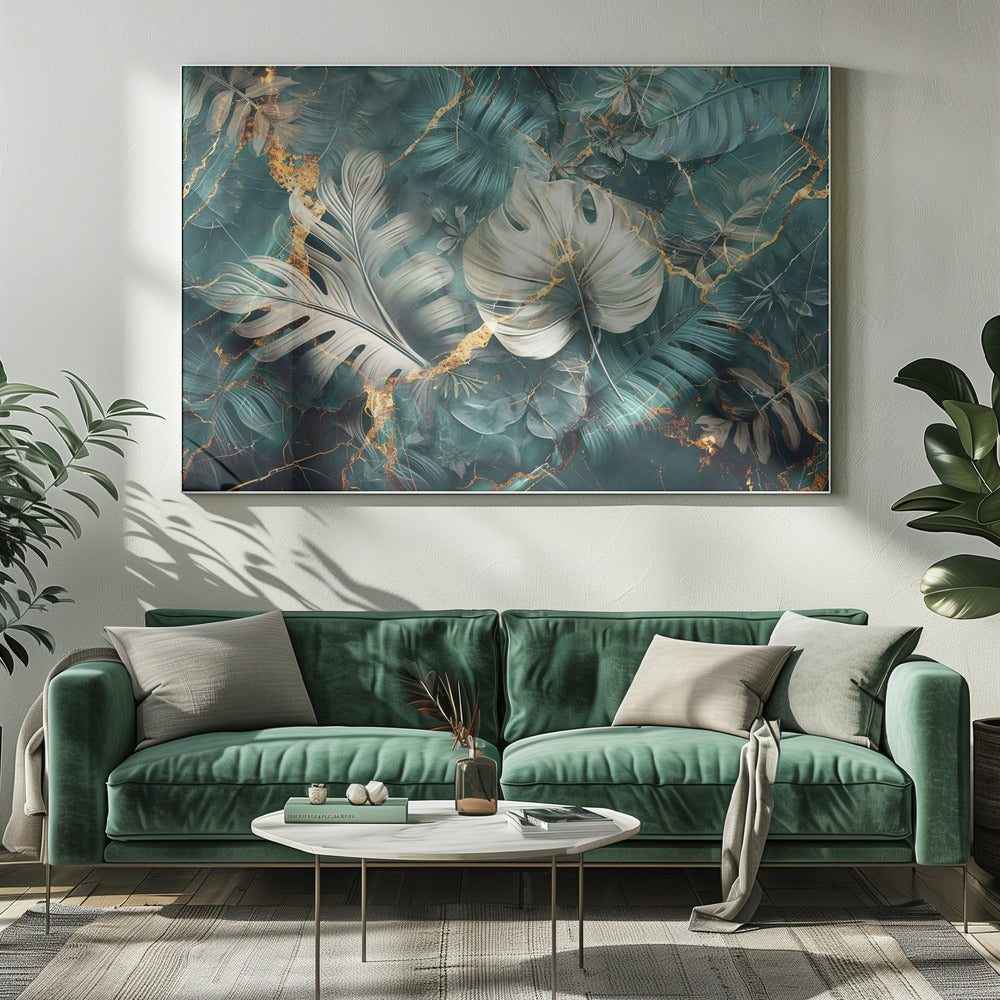 Artwork Jungle Leaves Art Illustration Wallart 3020X16inches- White Frame