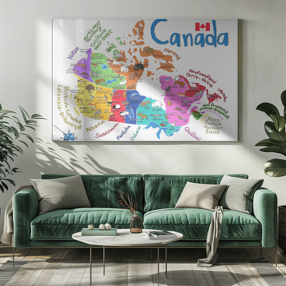 Wall art Illustrated Map of Canada with Animals by Carla Daly-20X16inches-In White Floating Frame