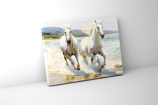 2 White Stallions 48" x 36" Fine Art Canvas
