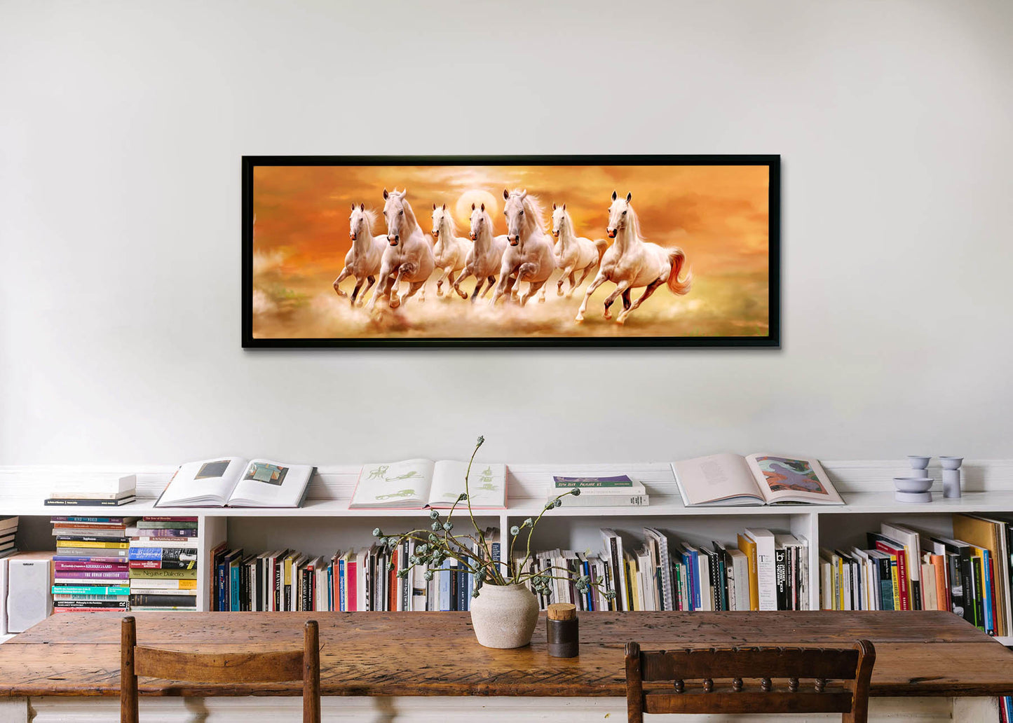 7 Horses and Sunshine-Wall Decor- Wildlife Canvas Art - Gold varnish