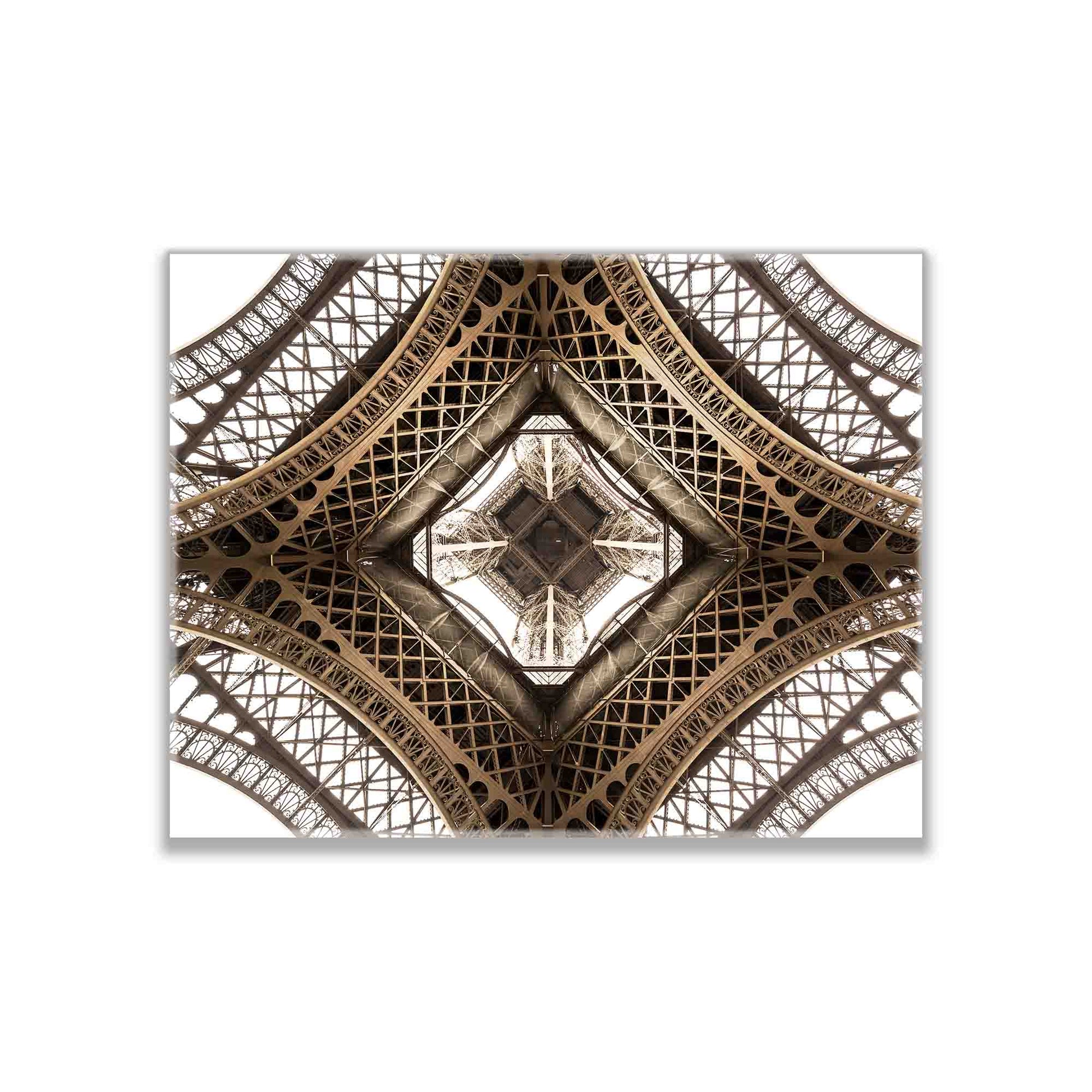 A canvas print featuring a close-up geometric pattern of the Eiffel Tower's structure.