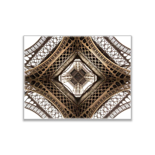 A canvas print featuring a close-up geometric pattern of the Eiffel Tower's structure.