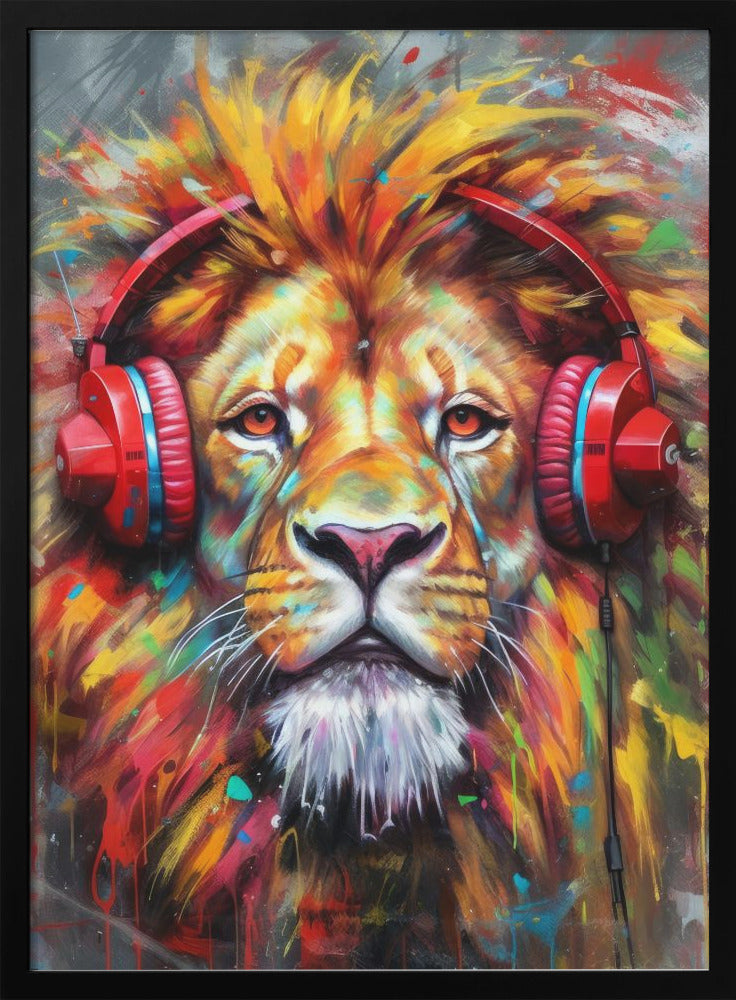 Sample Lion With Headphon-lion artwork in  black floating frame