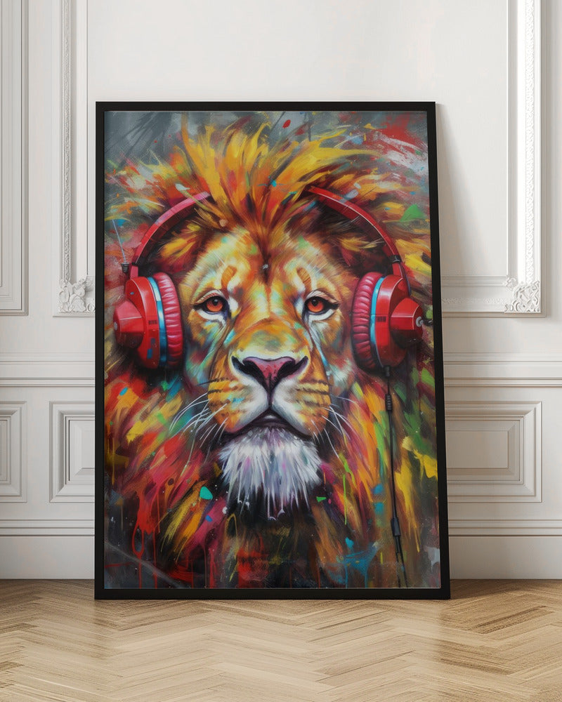 Sample Lion With Headphon-lion artwork in black floating frame in livigroom