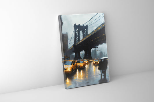 A canvas print depicting a rainy day in New York City with the Brooklyn Bridge in the background, yellow cabs, and people with umbrellas in the foreground.
