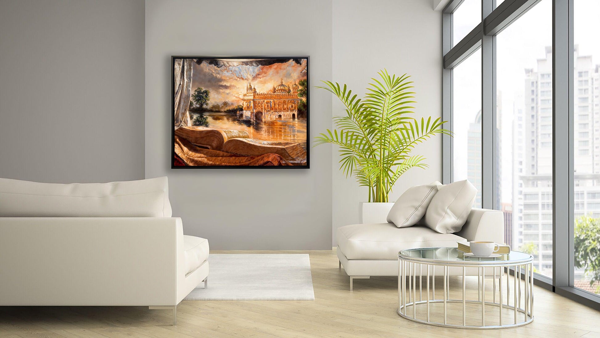 Sample  ancient Golden Temple in India in Black Floating frame