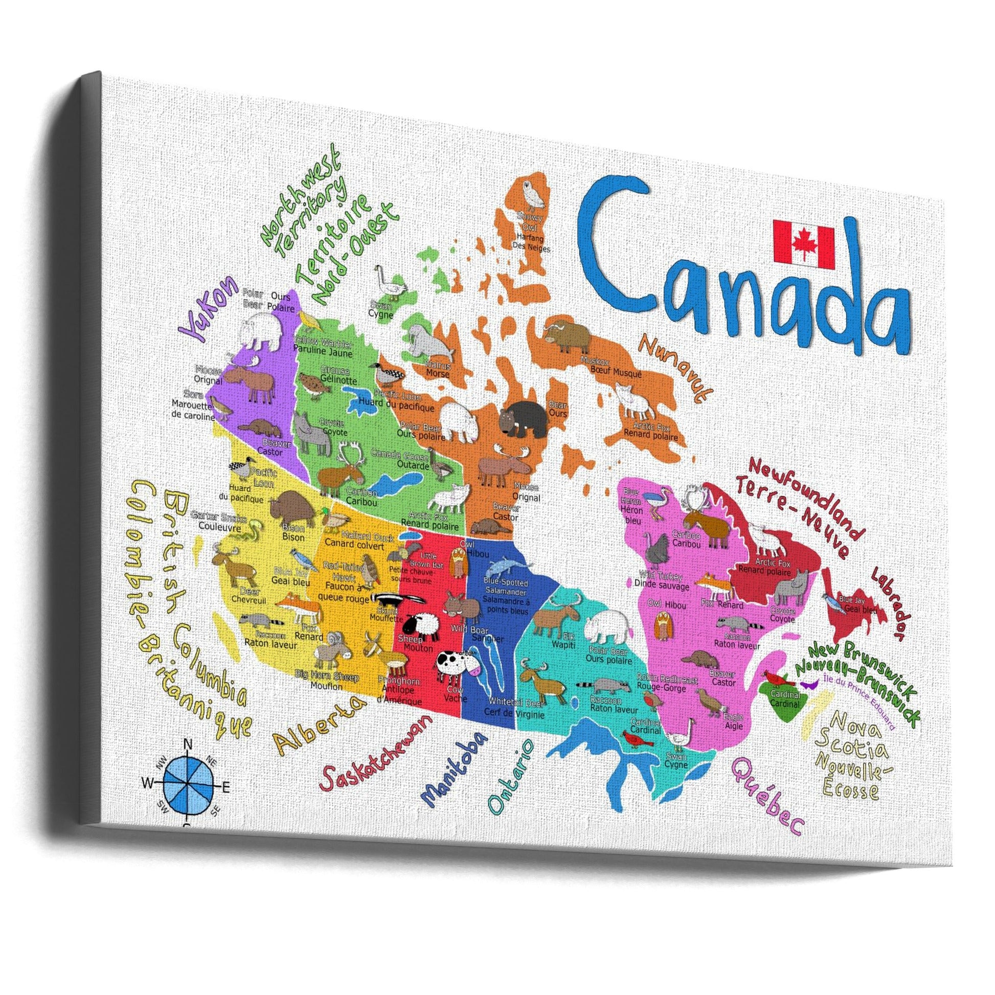 Wall art Illustrated Map of Canada with Animals by Carla Daly-36X24inches-Gallery Wrapped (Ready to Hang)