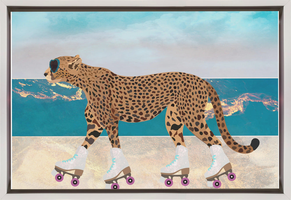 Artwork Cheetah Rollerskating Landscape Beach 0236X24inches- Black Frame