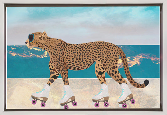 Artwork Cheetah Rollerskating Landscape Beach 0236X24inches- Black Frame
