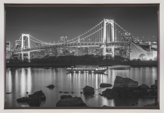 Charming Rainbow Bridge with Tokyo Skyline in the evening - monochrome panorama Wall Artwork In Black Floating Frame