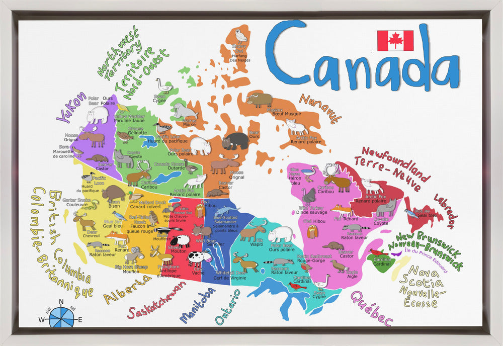 Wall art Illustrated Map of Canada with Animals by Carla Daly-36X24inches-In Black Floating Frame
