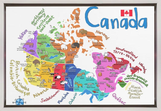 Wall art Illustrated Map of Canada with Animals by Carla Daly-36X24inches-In Black Floating Frame