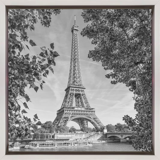 PARIS Eiffel Tower & River Seine - Monochrome Wall Artwork In Black Floating Frame