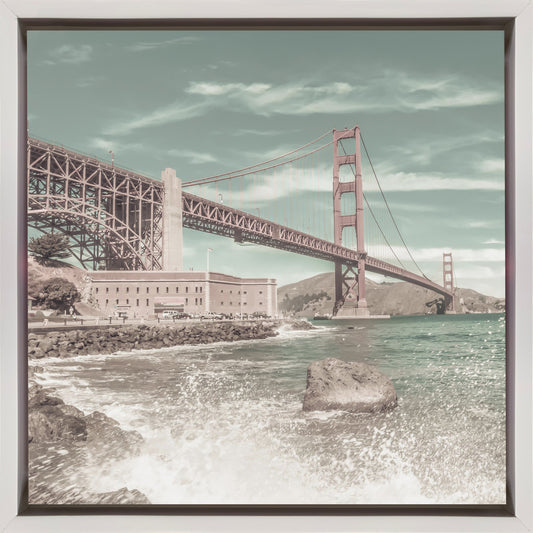GOLDEN GATE BRIDGE Coastline Impression | urban vintage style Wall Artwork In Black Floating Frame