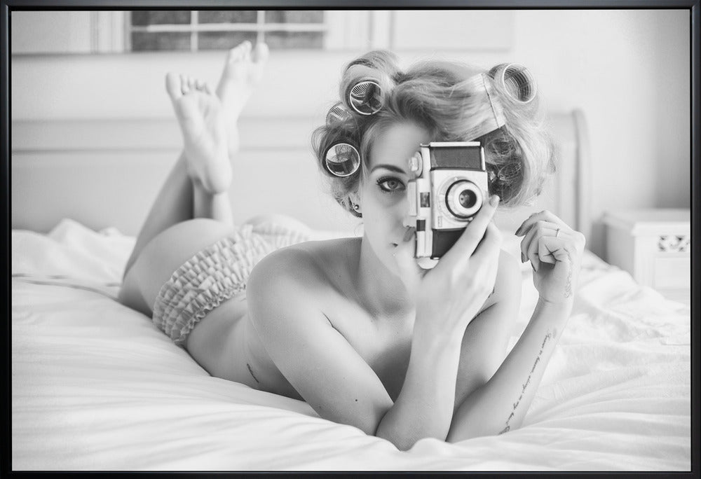 Artwork- A chick, a click, and a curl-20X16inches-In White Floating Frame