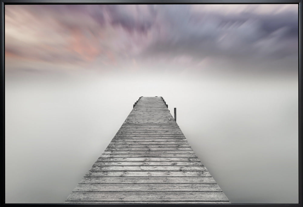 Quay Pier in Fog Wall Artwork In White Floating Frame