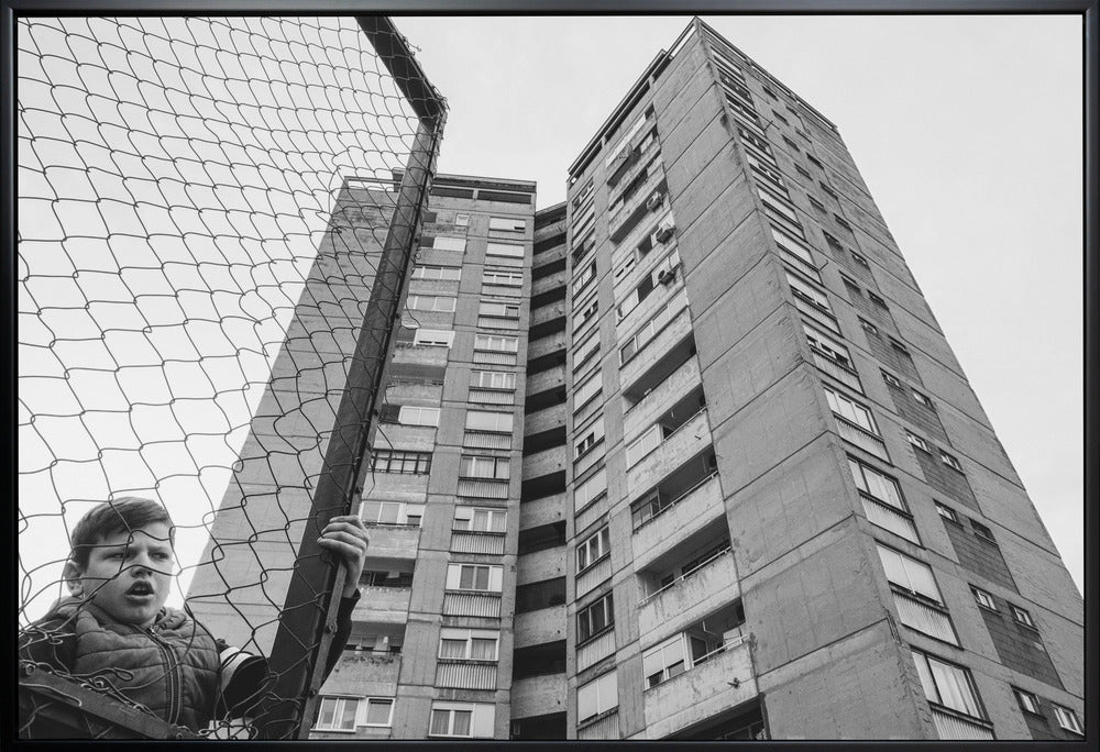 Artwork- The boy behind the fence-20X16inches-In White Floating Frame