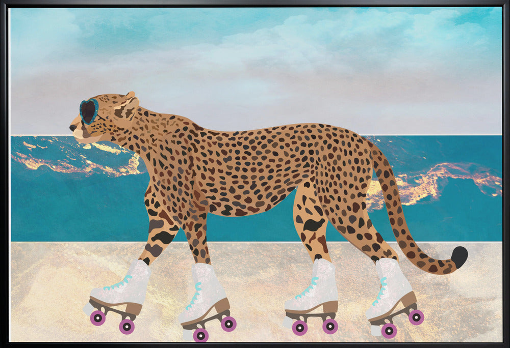 Artwork Cheetah Rollerskating Landscape Beach 0336X24inches- White Frame