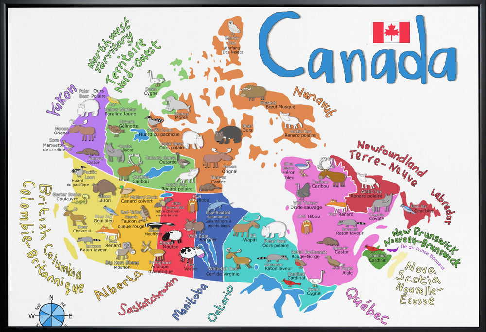 Wall art Illustrated Map of Canada with Animals by Carla Daly-36X24inches-In White Floating Frame
