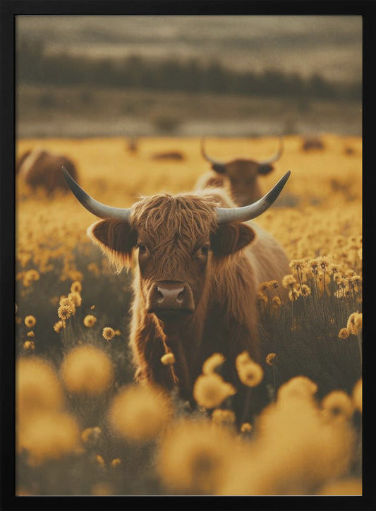 Highland Cows In Flower Field Wall Artwork In Black Floating Frame