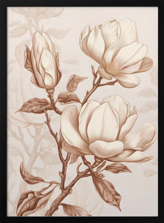 Beige Flowers 1 Wall Artwork In Black Floating Frame