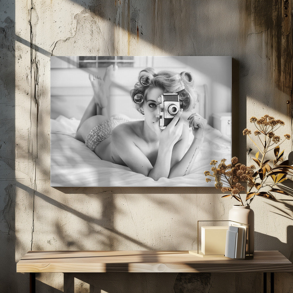 Artwork- A chick, a click, and a curl-36X24inches-In White Floating Frame