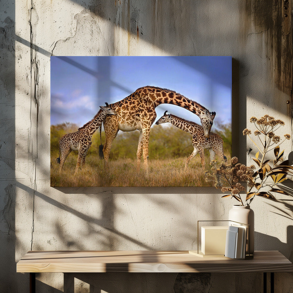 Artwork Giraffe with cubs48X36inches- Black Frame