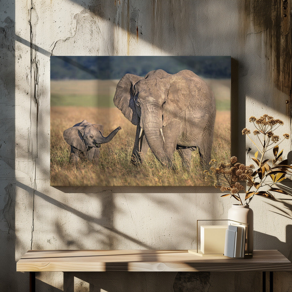 Artwork Mom elephant with calf48X36inches- Black Frame