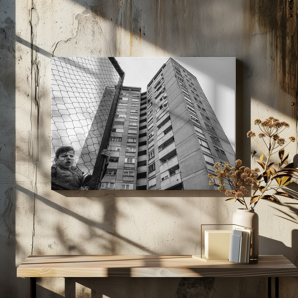 Artwork- The boy behind the fence-36X24inches-In White Floating Frame