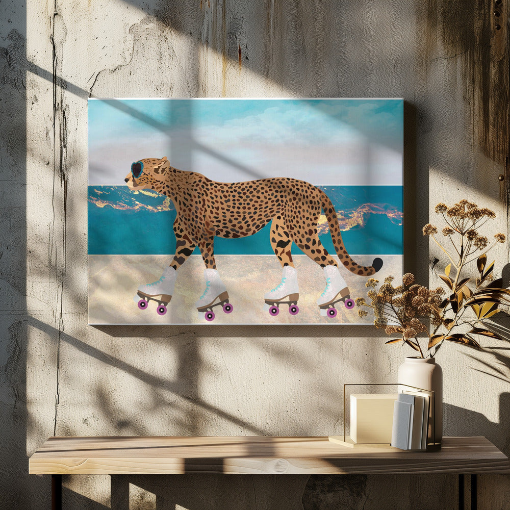 Artwork Cheetah Rollerskating Landscape Beach 0548X36inches- Black Frame