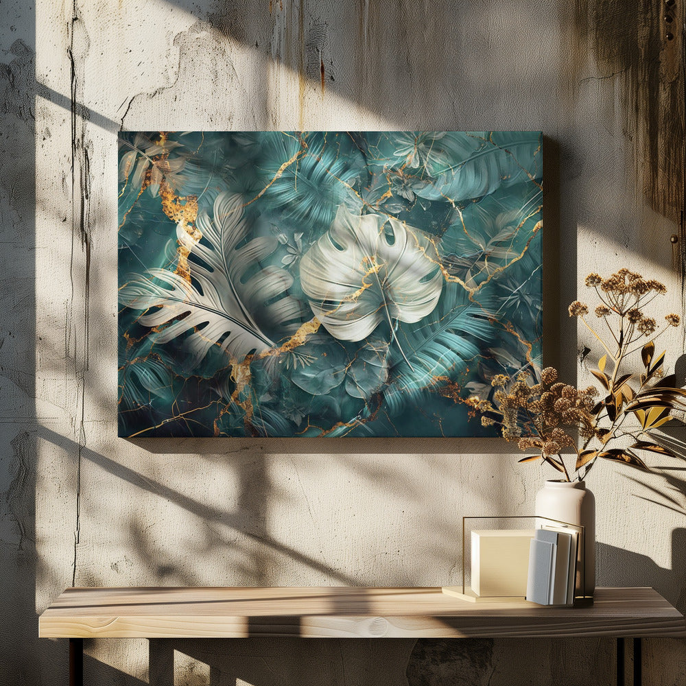 Artwork Jungle Leaves Art Illustration Wallart 2648X36inches- Black Frame