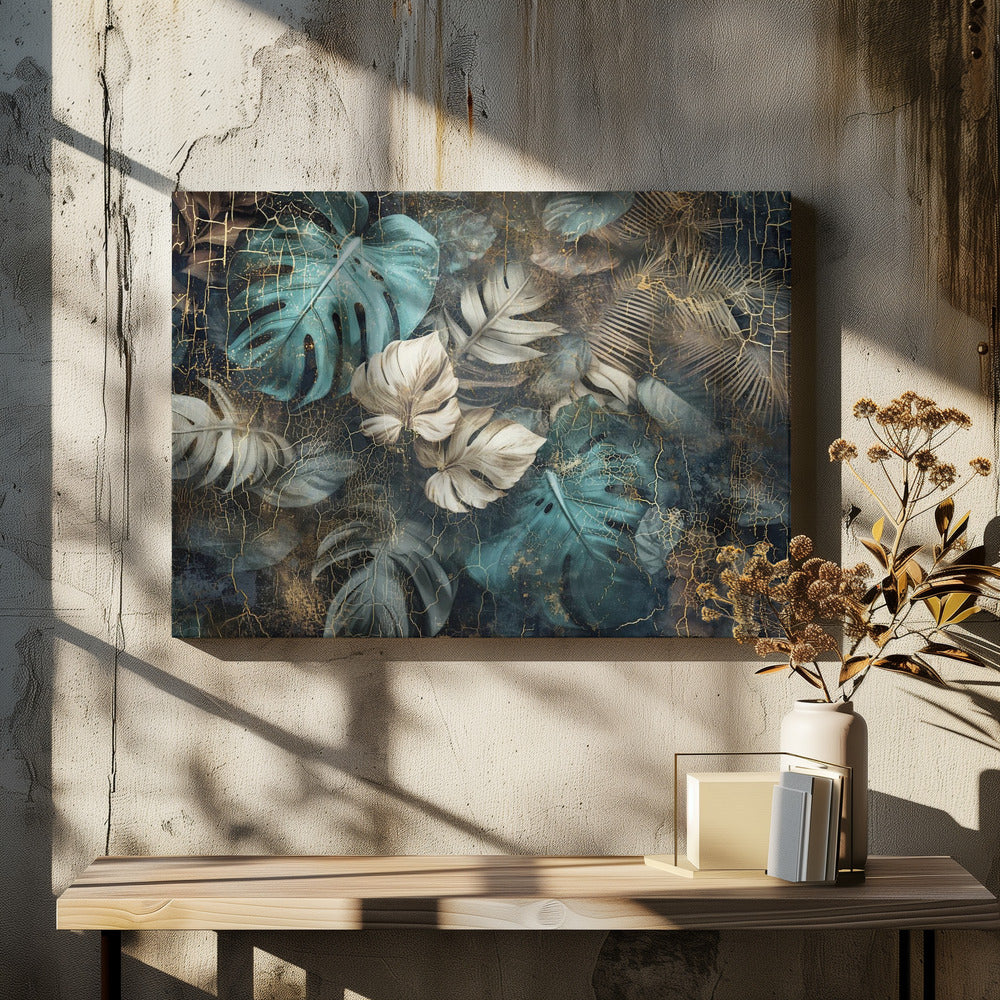 Artwork Jungle Leaves Art Illustration Wallart 2748X36inches- Black Frame