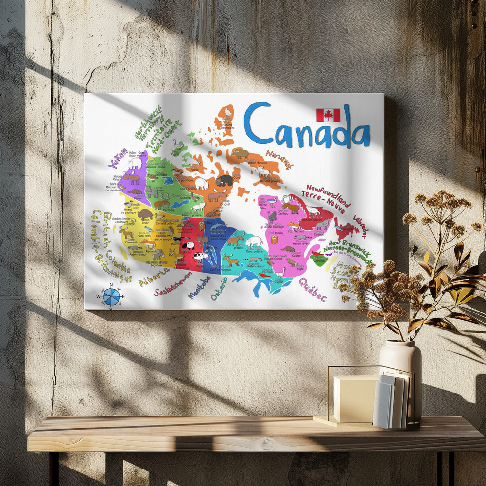 Wall art Illustrated Map of Canada with Animals by Carla Daly-48X36inches-In Black Floating Frame