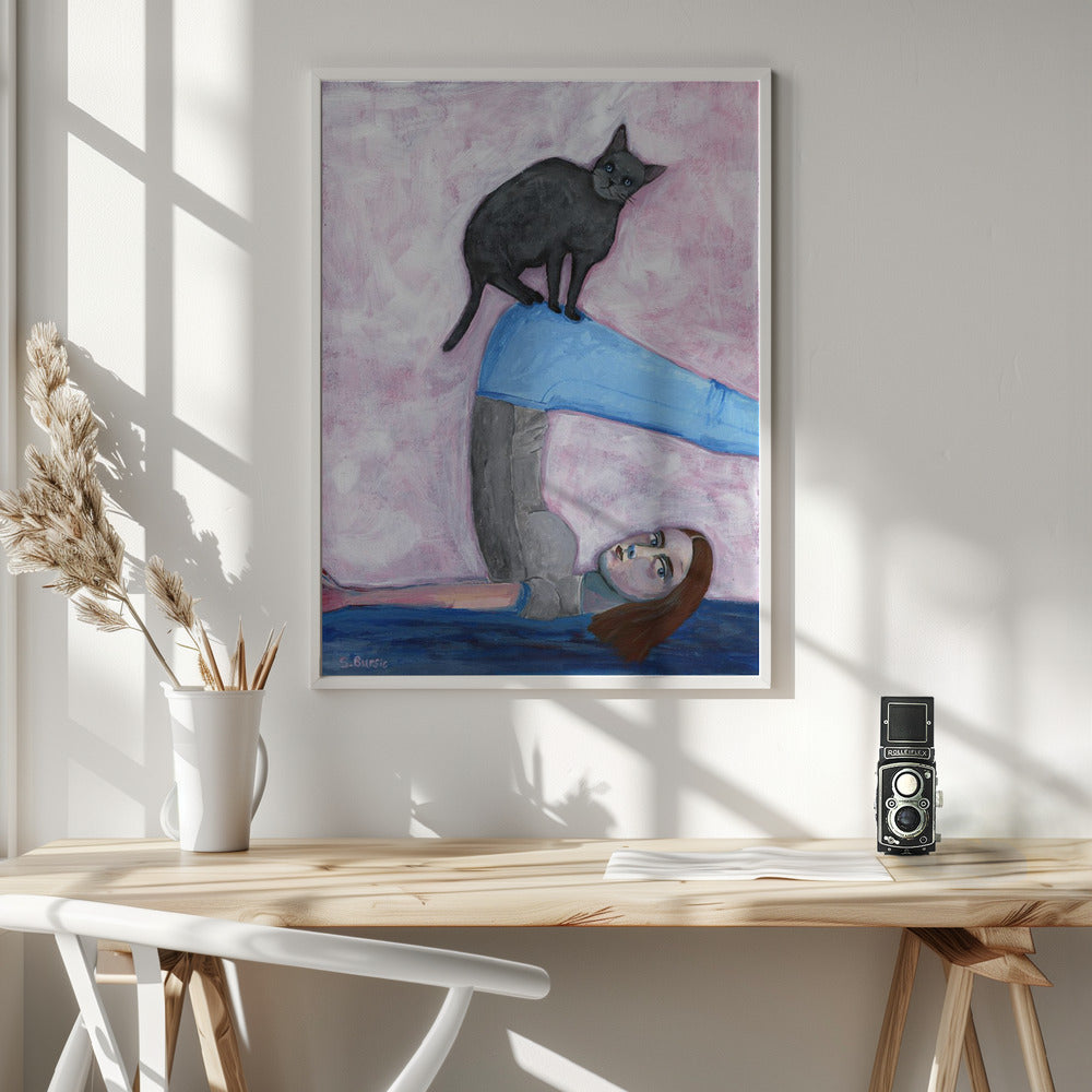 Yoga with my Cat Wall Artwork In White Floating Frame