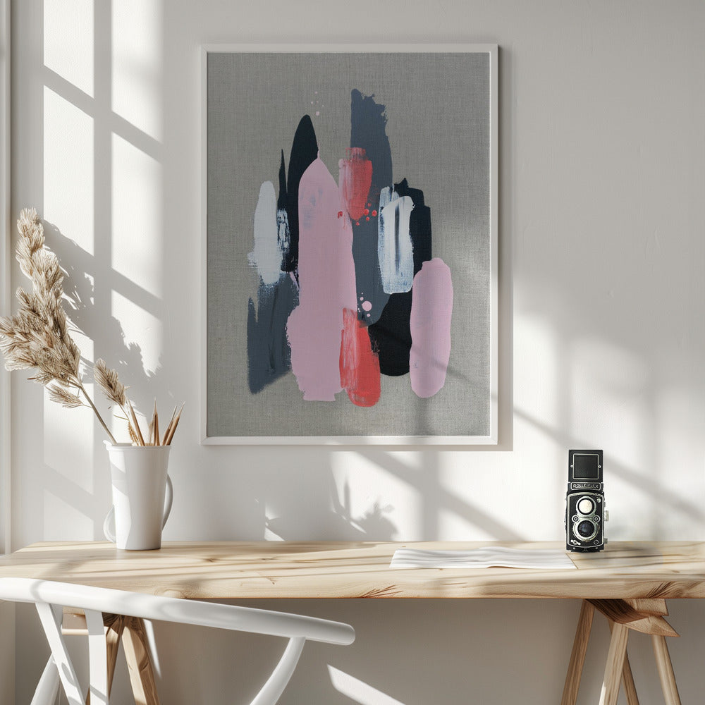 Pink Black and Grey 1 Wall Artwork In White Floating Frame