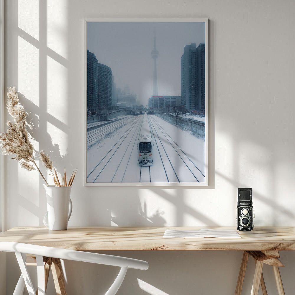 Train and Storm Wall Artwork In White Floating Frame