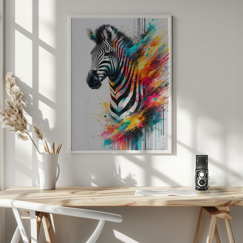 Artwork Colorful Zebra36X48inches- White Frame