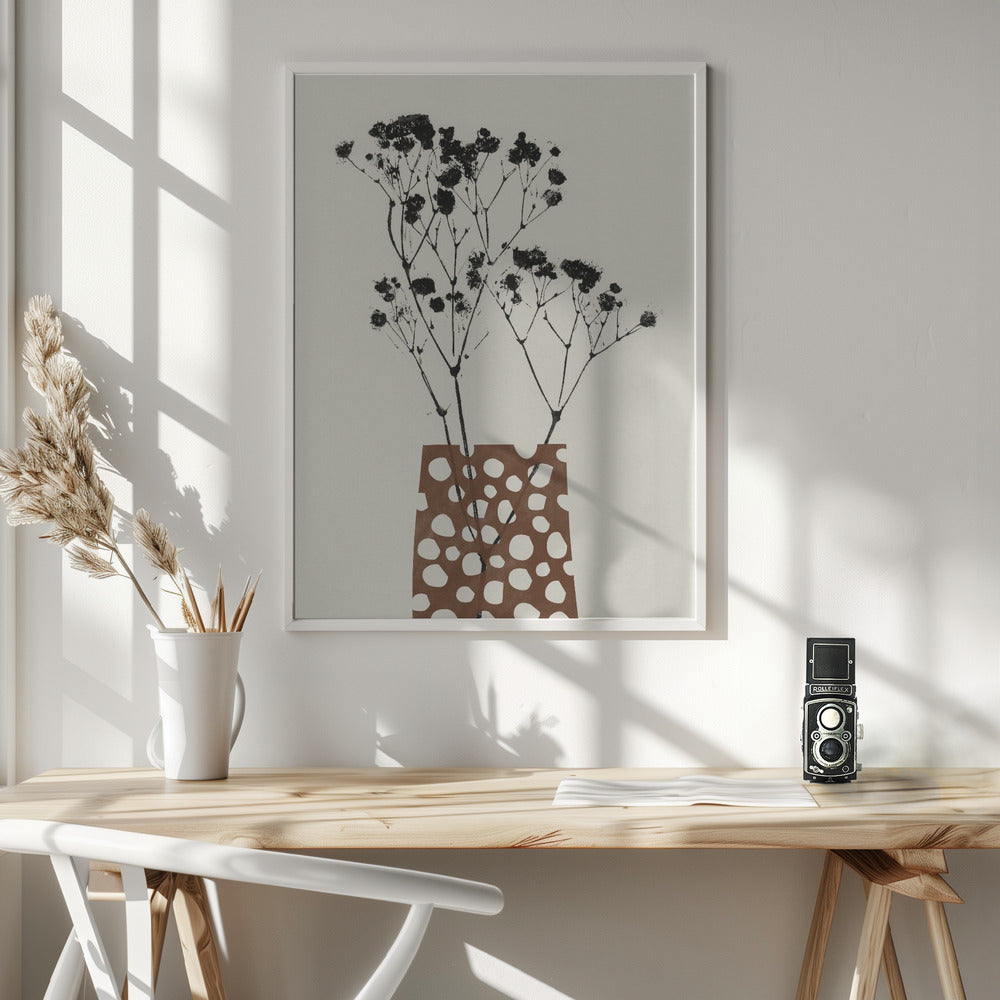 Artwork- Gypsophila In a Brown Vase-24X36inches-In White Floating Frame