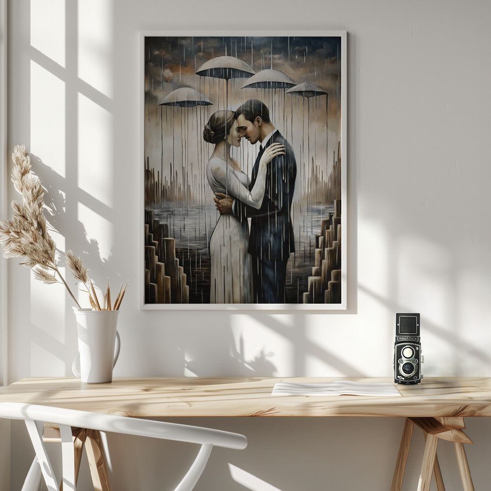 A Kiss Beneath the Floating Umbrellas Wall Artwork In White Floating Frame