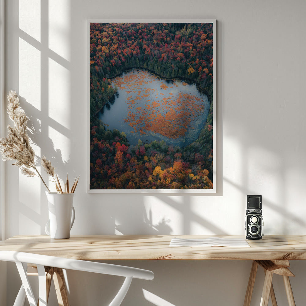 Wall art Autumn at the Lake-36X48inches-In White Floating Frame