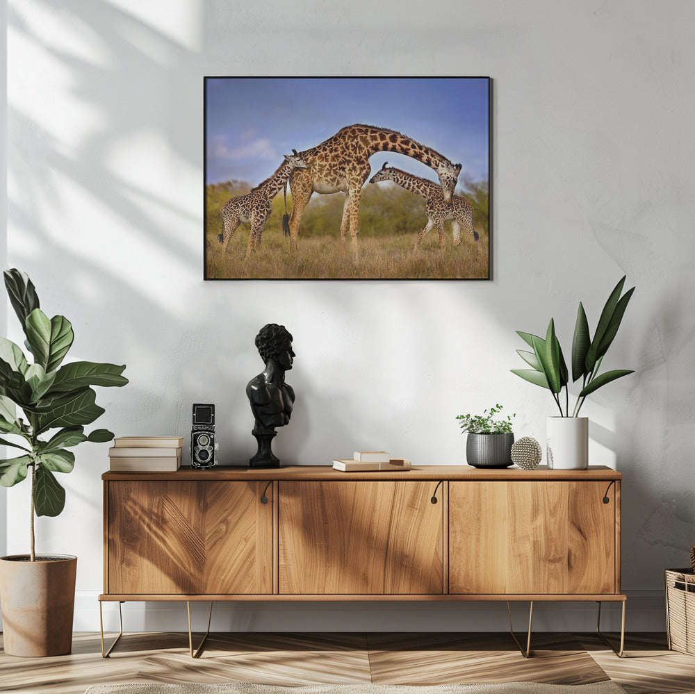 Artwork Giraffe with cubs48X36inches- White Frame