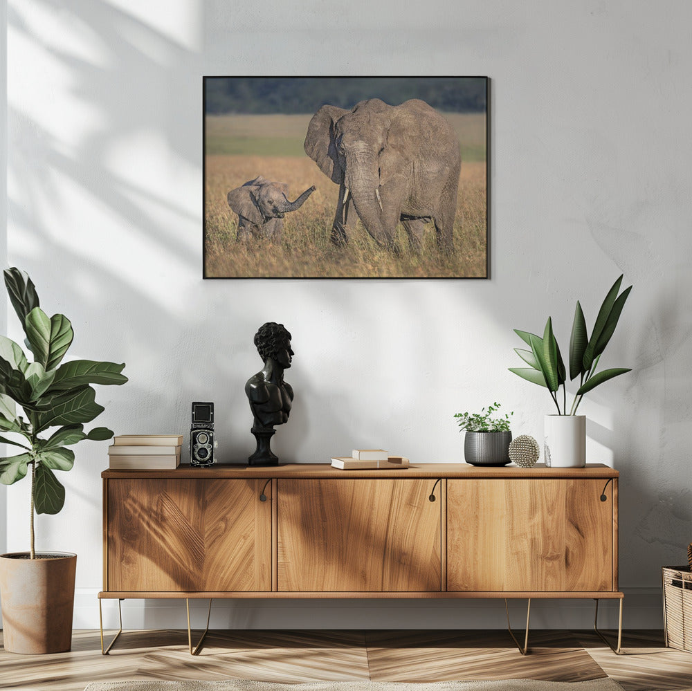 Artwork Mom elephant with calf48X36inches- White Frame