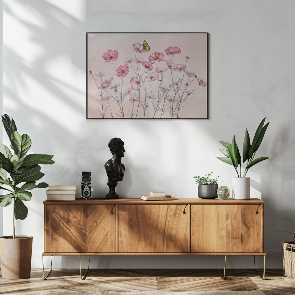 Cosmos and Butterfly Wall Artwork In White Floating Frame