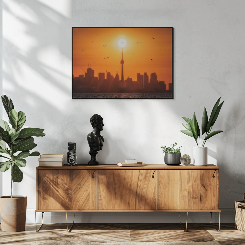 Sun Rising Behind Toronto-Wall Art In White Floating Frame-48X36inches