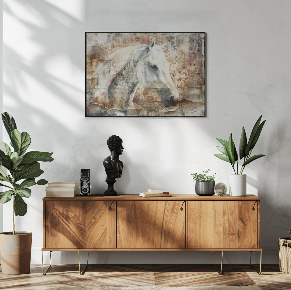 Horse Animal Vintage Art Illustration Wallart 06 Wall Artwork In White Floating Frame