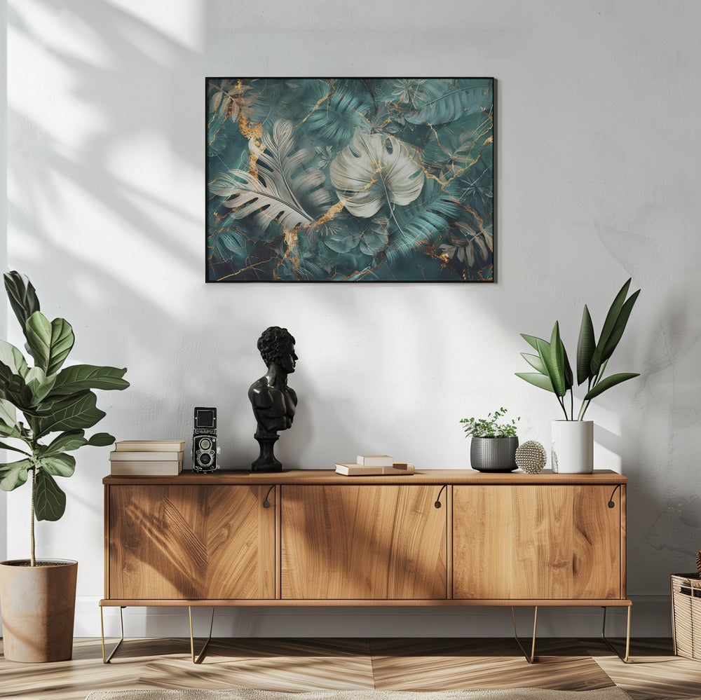 Artwork Jungle Leaves Art Illustration Wallart 2748X36inches- White Frame