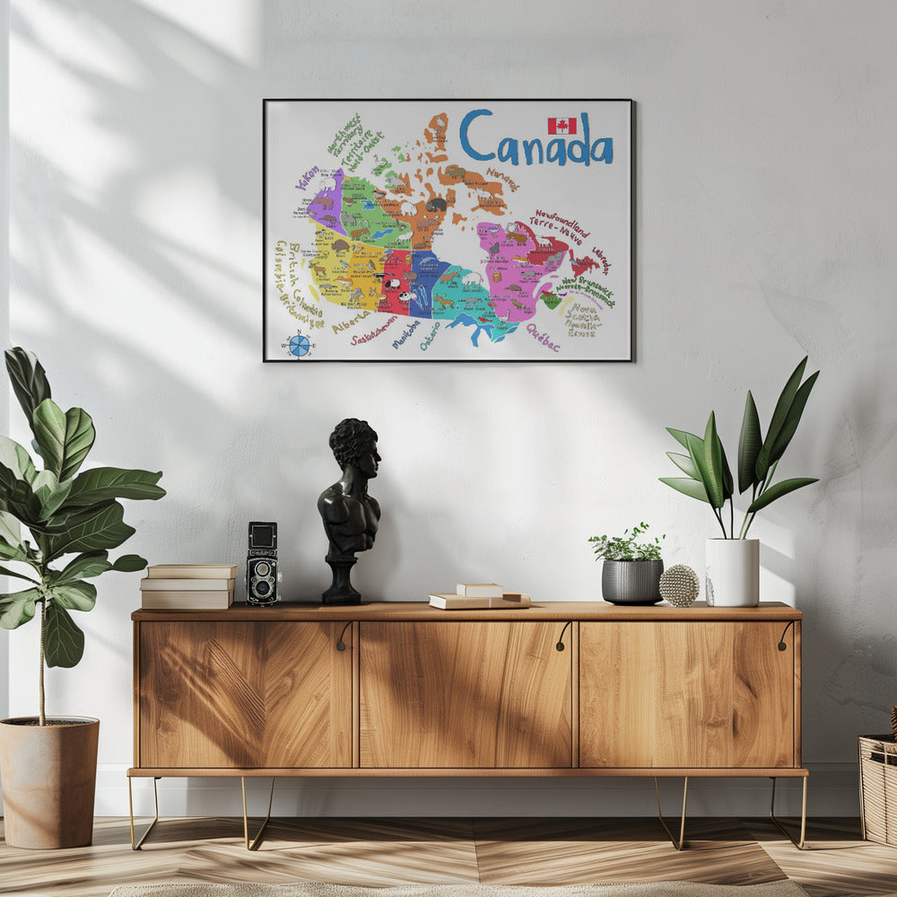 Wall art Illustrated Map of Canada with Animals by Carla Daly-48X36inches-In White Floating Frame