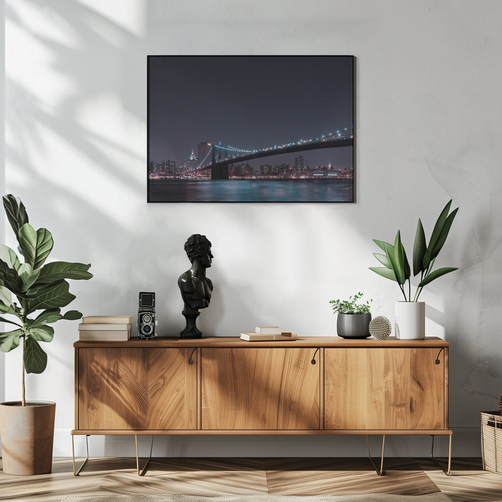 Artwork Manhattan Skyline and Brooklyn Bridge48X36inches- White Frame